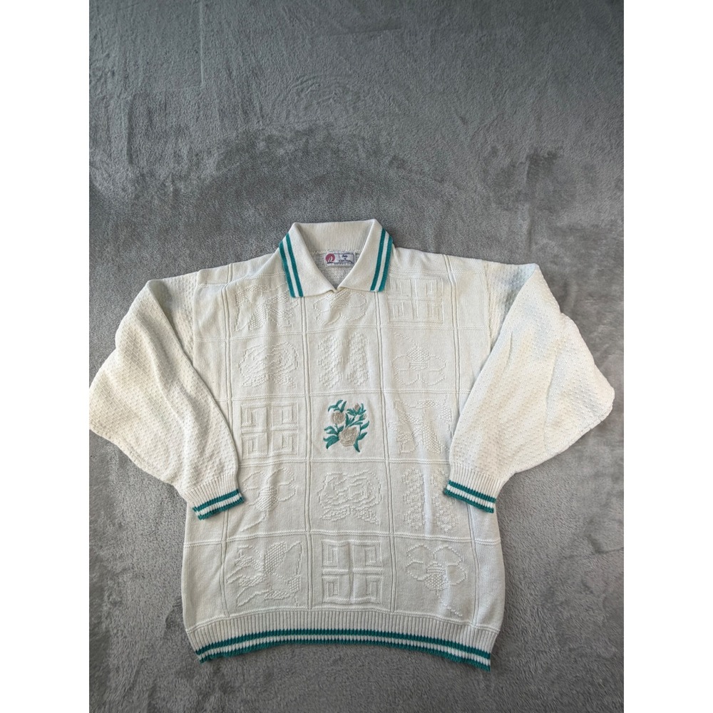 Isle of Cotton Polo Sweater Women Large White Vintage Floral Knit Made in USA